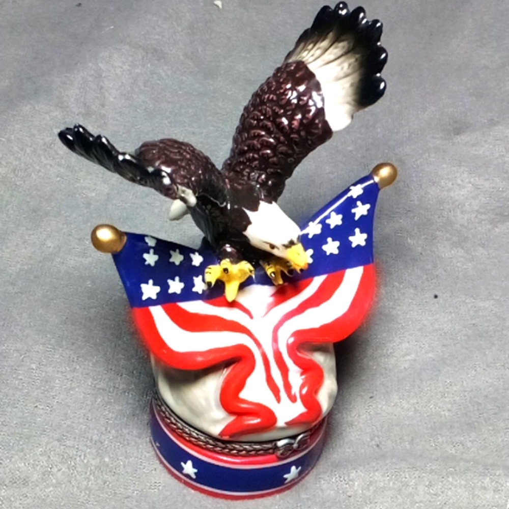 Bald Eagle on American Flag porcelain trinket box